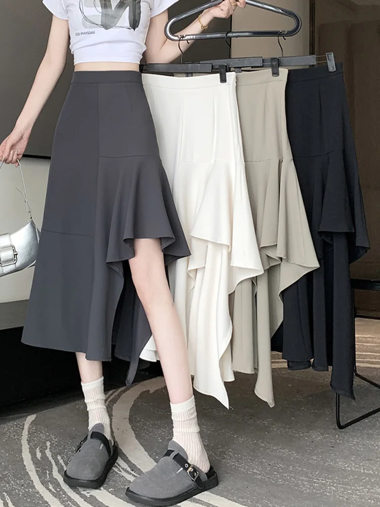 

High Waist Irregular Black Ruffles Slit Elegant Party Half-body Skirt Women Fashion Tide New Spring Autumn 2024