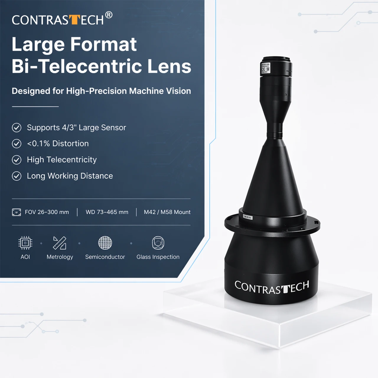Large Format 4/3'' Bi-Telecentric Lens 1.75'' Sensor M42 M58 FOV 26–300mm AOI Precision Measurement Industrial Vision Len BTL175