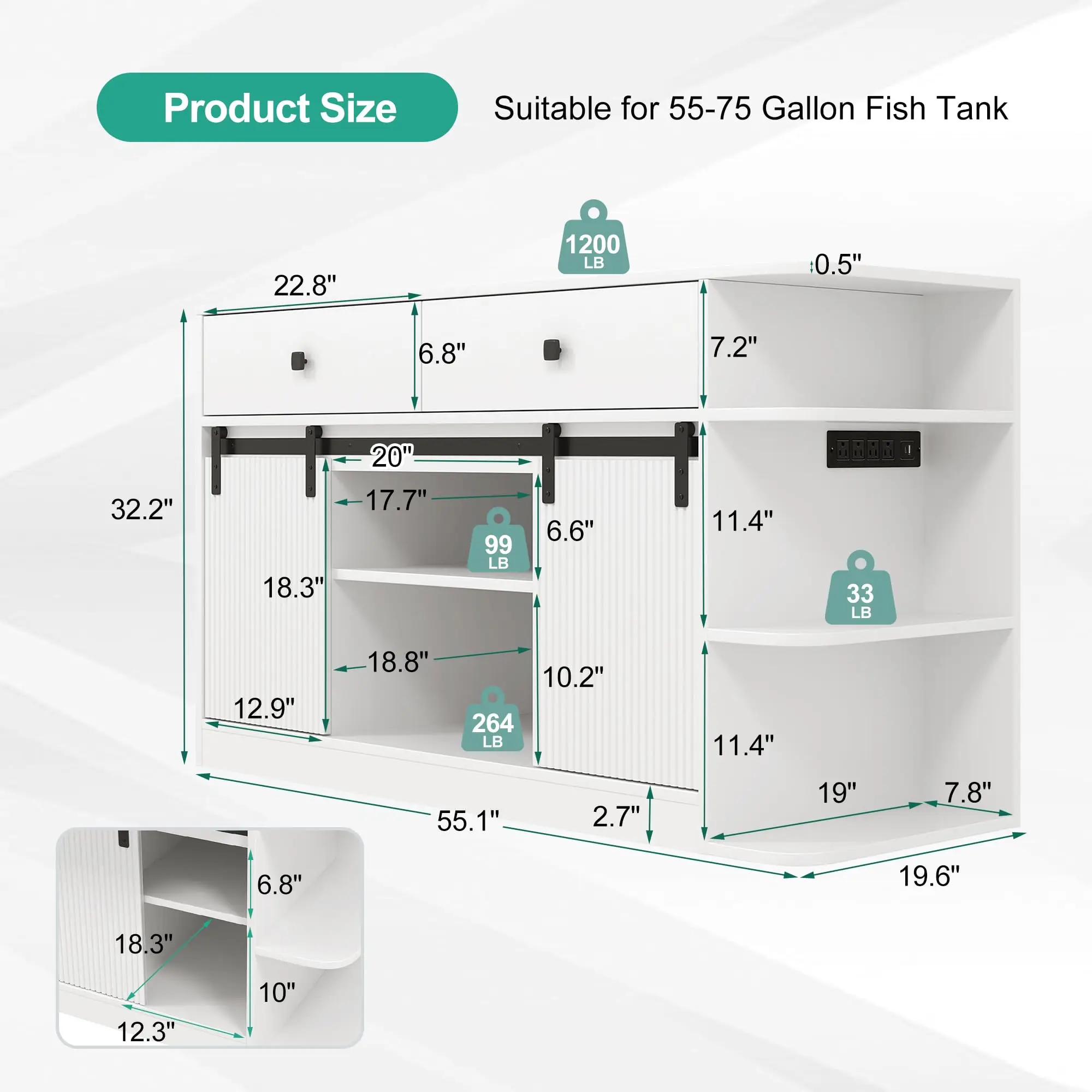 55-75 Gallon Aquarium Stand with Charging Station, Farmhouse Fish Tank Stand, Heavy Duty Reptile Tank Stand Table for