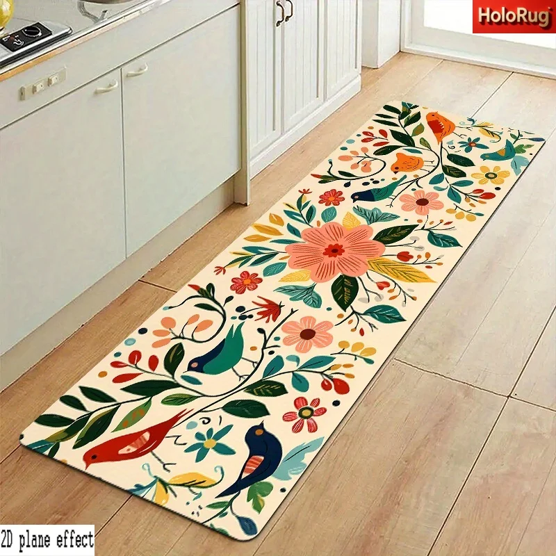 Pastoral Bird Flower Leaf Runner Rug on cream base,non-slip decorative mat for laundry room, entryway and household indoor floor