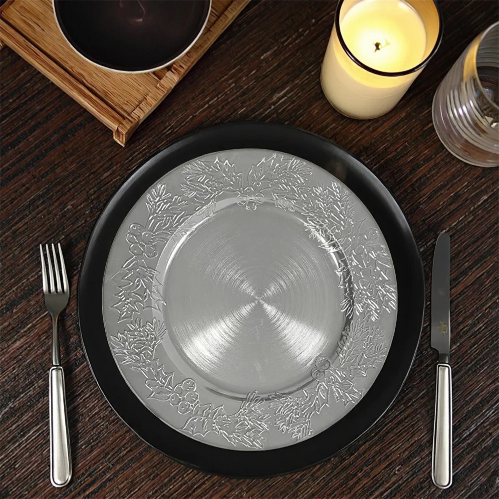 Luxurious Gold Plastic Plate round Relief Pattern Fruit Tray Wedding Decoration Charger Plate round Elegant Party Serving Dish