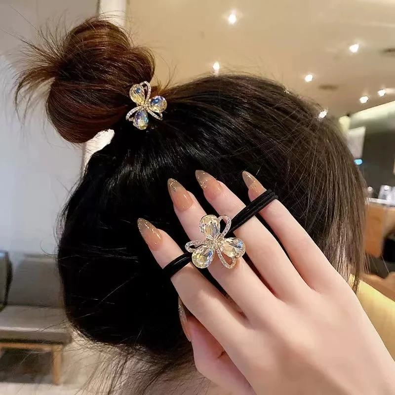 

Rhinestone flower head rope 3-in-1 High elastic durable hair tie rubber band high ponytail hair band hair rope