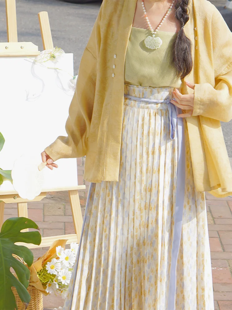 

Ele Song Dynas Sle, женский комплект из жилета и плиссированной юбки Hanfu, летний комплект свободного кроя, обычная длина