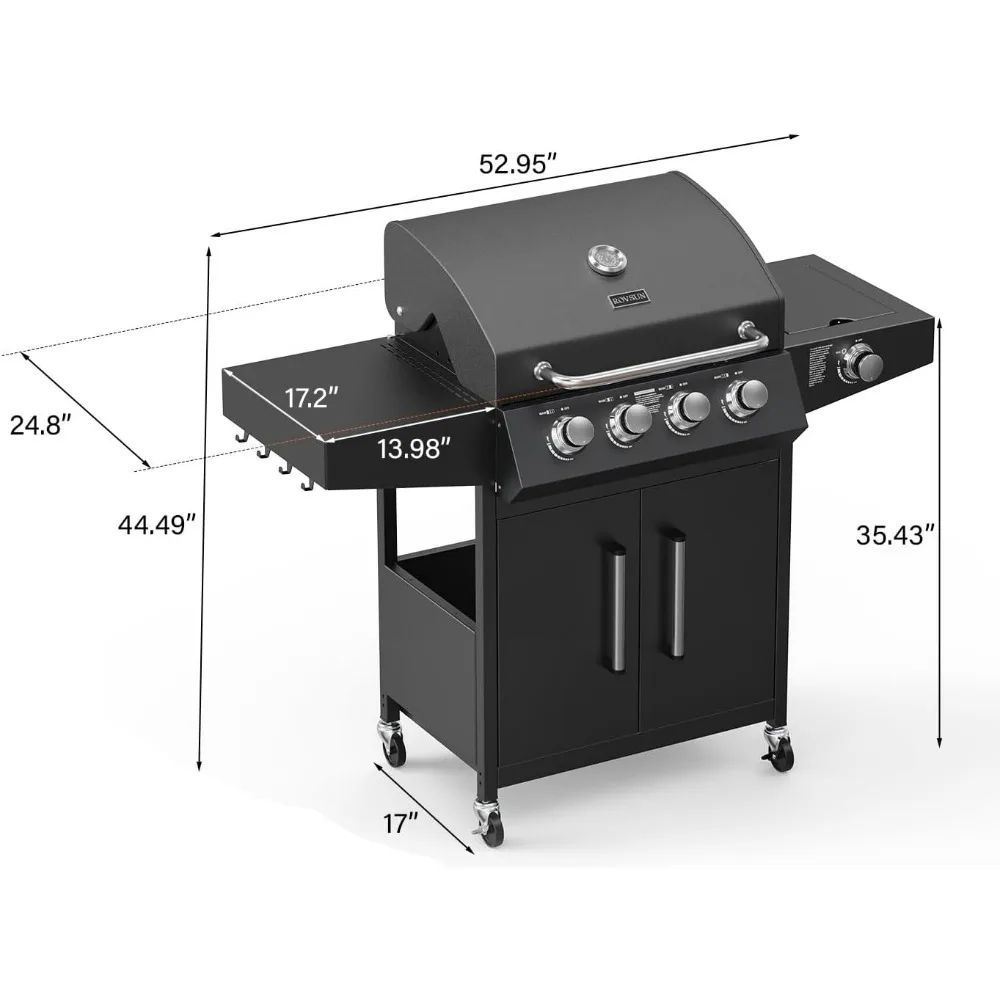 BBQ Grill with Side Burner, Enameled Cast Iron Grates, 58,000 BTU Barbecue Grill with Wheels for Outdoor Patio, Barbecue Grill