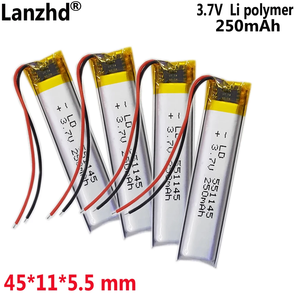 Li-Ion Polymer Battery 3.7v 250mah Lipo 551145 For Electronic Product Mp3 Mp4 Mp5   Gps Bluetooth Headset Speaker Reading Pen