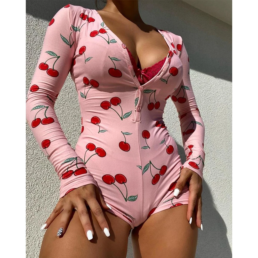 Women's Casual Cherry Print Long Sleeve Button Front Sleep Onesie Rompers Homewear Jumpsuits Femme V Neck Loungewear Playsuits