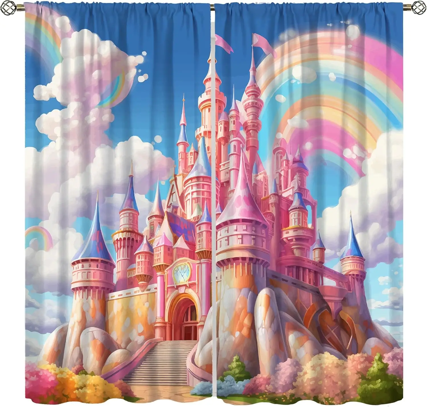 Cortinas de Castillo Arcoíris para Niños, Cortinas de Ventana con Estampado de Castillo de Princesa Mágico, de Ensueño, de Cuento de Hadas, con Nubes y Arcoíris, Color Rosa