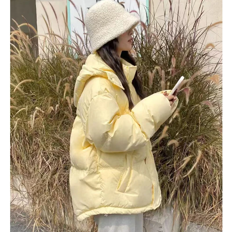 Yellow Down Jacket Women Coat Black Hooded Fashion American Streetwear Y2K Style Duck Down Feather Female Winter Short Outwear