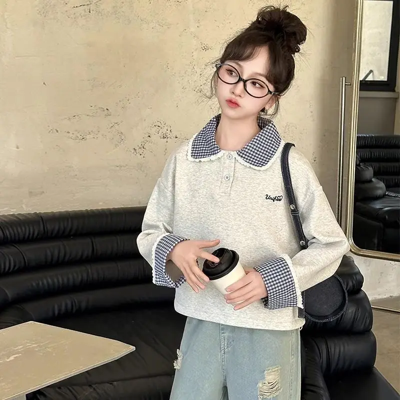 

Girls' Big Kids 2025 Spring New Arrivals Checkered Ruffled Collar Patchwork Long Sleeve Sweatshirt Outerwear Top