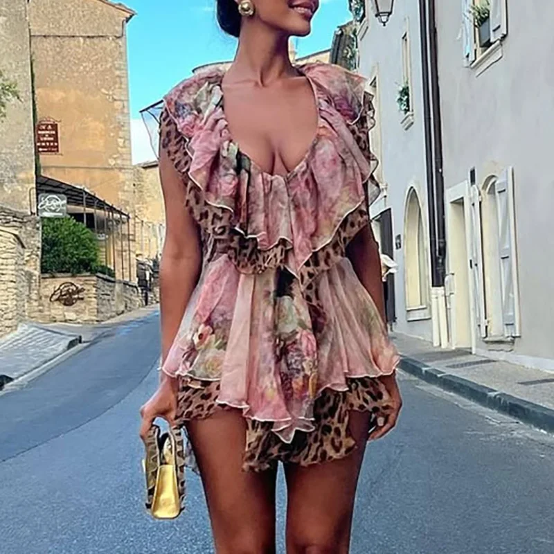 Feminino casual sem mangas plissado vestido de festa elegante plissado profundo decote em v vestido curto moda padrão impressão oco chiffon mini vestido