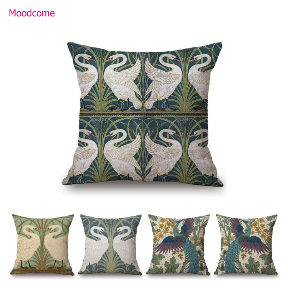 UK Artist Walter Crane Peacock  Swan Design Pattern Birds Home Decoration Sofa Throw Pillow Case Cotton Linen Cushion Cover Case