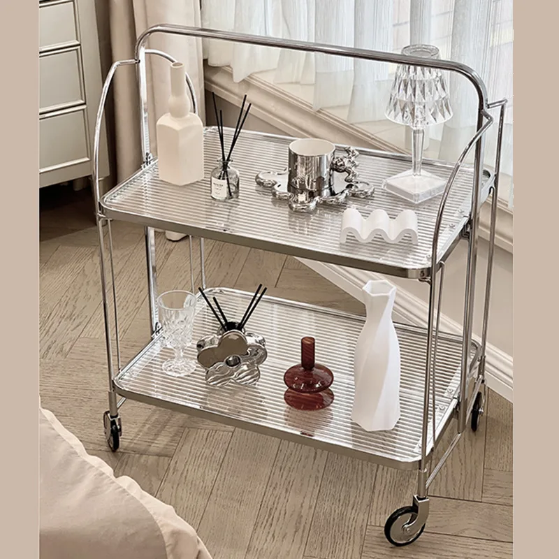 

The New 304 Stainless Steel Living Room Medieval Trolley Rack Ins Folding Dining Car Transparent Glass Side Can Be Moved