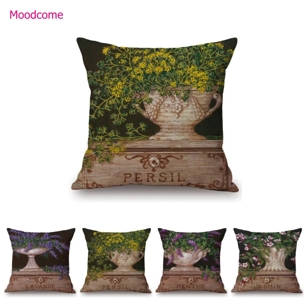 Maceta clásica con flor Lavende Persil Menthe Jasmin pintura al óleo decoración del hogar funda de almohada artística funda de cojín de lino