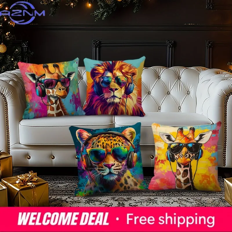 Adorable Animal-Print Pillows with Sunglasses and Headphones: Giraffe, Lion, and Leopard Designs! Sofa cushion cover