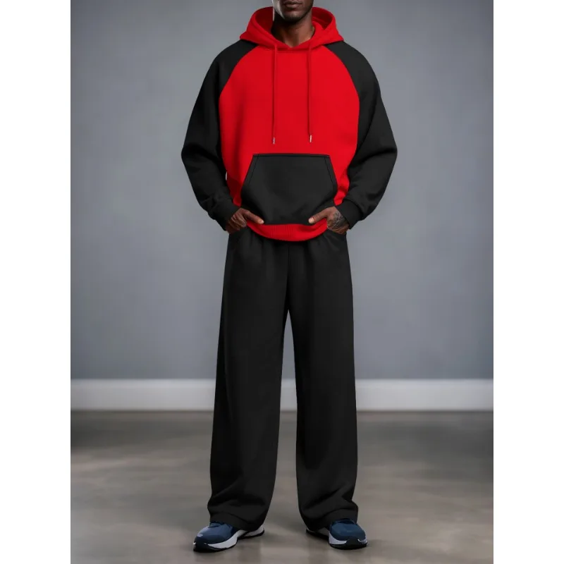 

Men's Red Black Raglan Sleeve Hoodie and Wide Leg Pants Two Piece Tracksuit Set