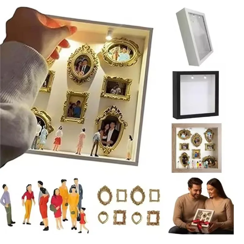 Mini álbum de fotos museo, caja de siluetas estilo museo, kit de exhibición de recuerdos creativo y elegante con estatua en miniatura y marco dorado