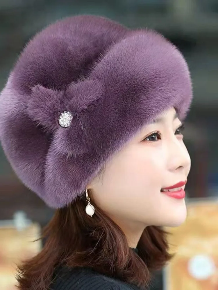 AliExpress Solid Color Faux Rabbit Fur Winter Hat Flower Decor Thickened Bucket Hats Keep Warm Thermal Hat Cycling Skiing Middle-aged Cap