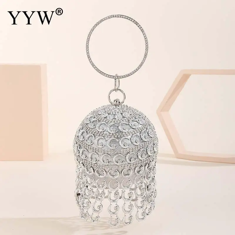 Round Ball Diamond Tassel Women Party Dinner Clutches Evening Wedding Bag Female Bridal Shoulder Handbag Wristlets Clutch Purse