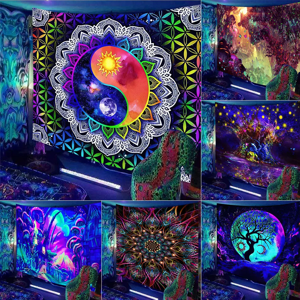 Tapeçaria fluorescente hippie resposta uv psicodélica parede pendurado estilo boho decoração de casa