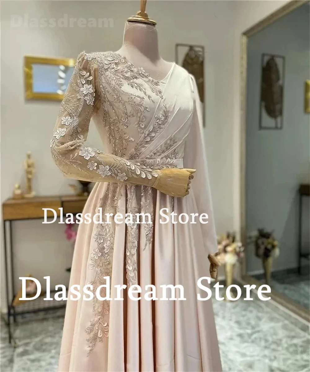 New Muslim Arab Evening Dress For Women V-Neck Long Sleeves Flowers Lace Appliques A-Line Satin Bridal Gown 2024 Party Dresses