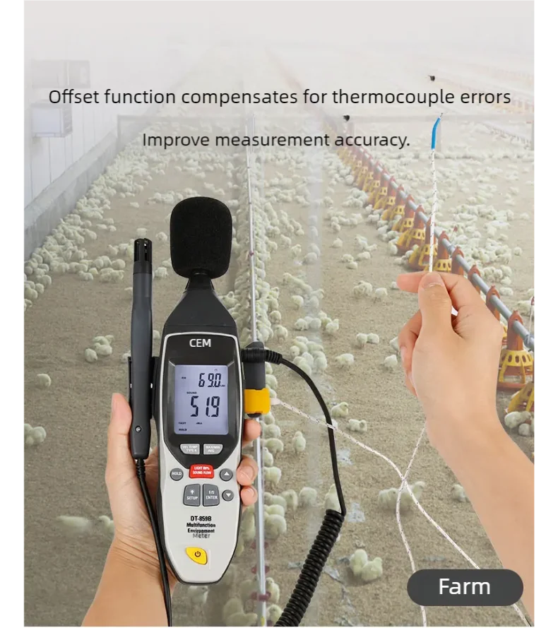 CEM 5-in-1-Multifunktionsumgebungstester, Schallpegelmesser, Lichtmesser, Luftfeuchtigkeits- und Temperaturmessgerät, CFM/CMM-Thermo-Anemometer