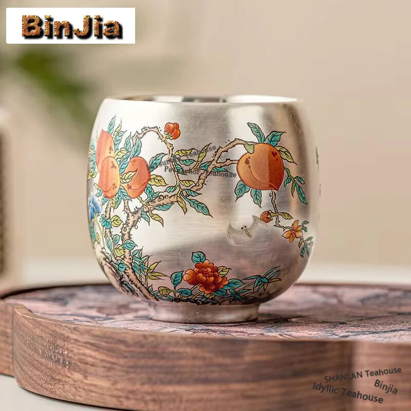 120ml Handamde 999 Gilded Silver Ceramic Teacup Zen Longevity Peach Master Cup Meditation Cup Tasting Tea Bowl Kung Fu Teaware