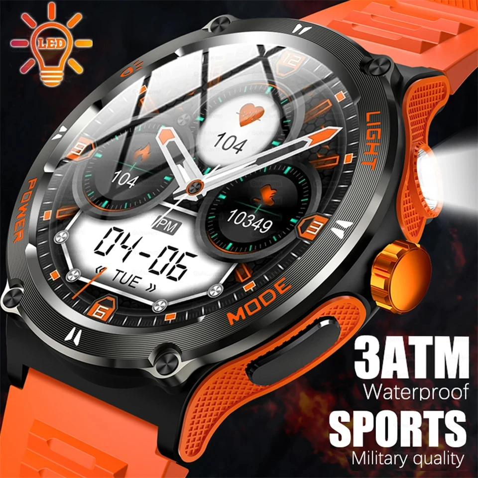 New Strong Flashlight Outdoor Professional Sports Smart Watch Men Women Compass BT Call 3ATM Waterproofs GPS Smartwatches 2024