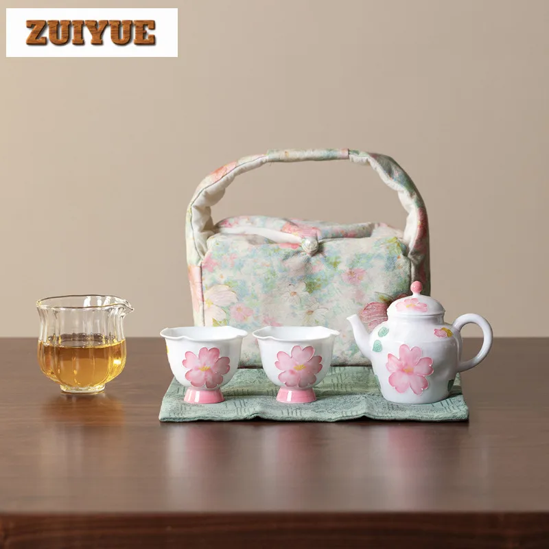 

Hand-painted Pink Flower Travel Tea Set Kit Aesthetic 1 Pot 2 Cups Tea Maker Organizer Portable Camping Stock Bags Decoration