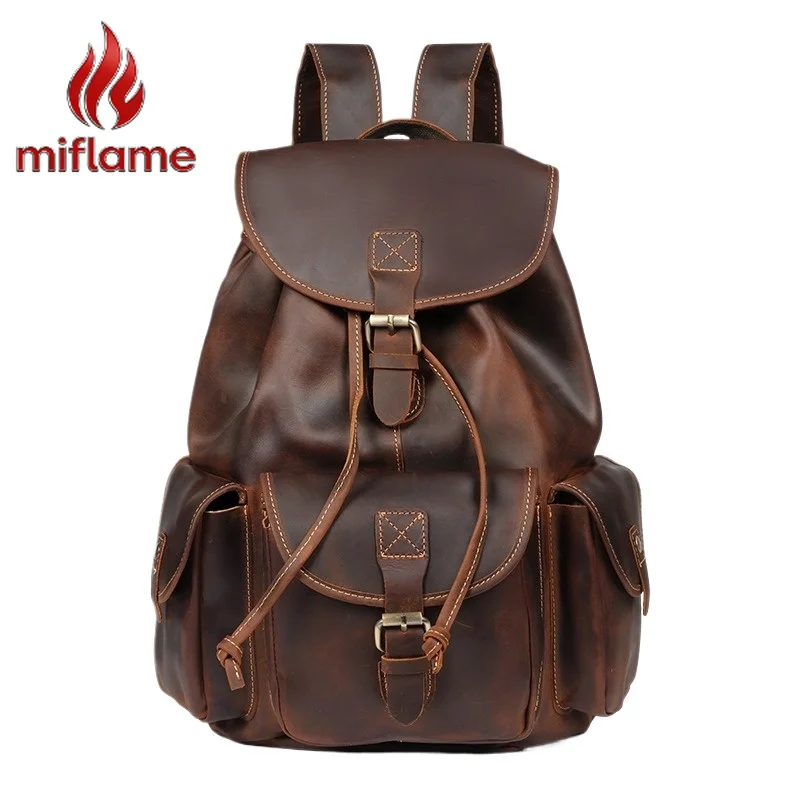 

Vintage Genuine Leather Travel Backpack Rucksack Casual Hiking Daypack Multifunction Pockets Men's Retro Style
