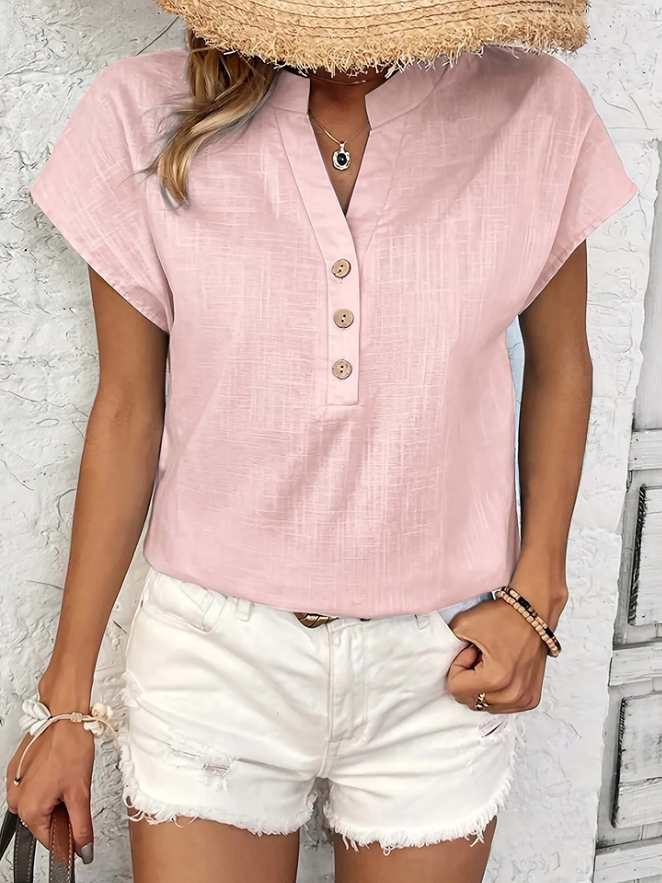 Damen 2026 Neue Vintage Baumwoll-Leinen-Bluse – V-Ausschnitt Kurzarm Einfarbige Bluse, Lässiges Retro-Oberteil – Detail 3