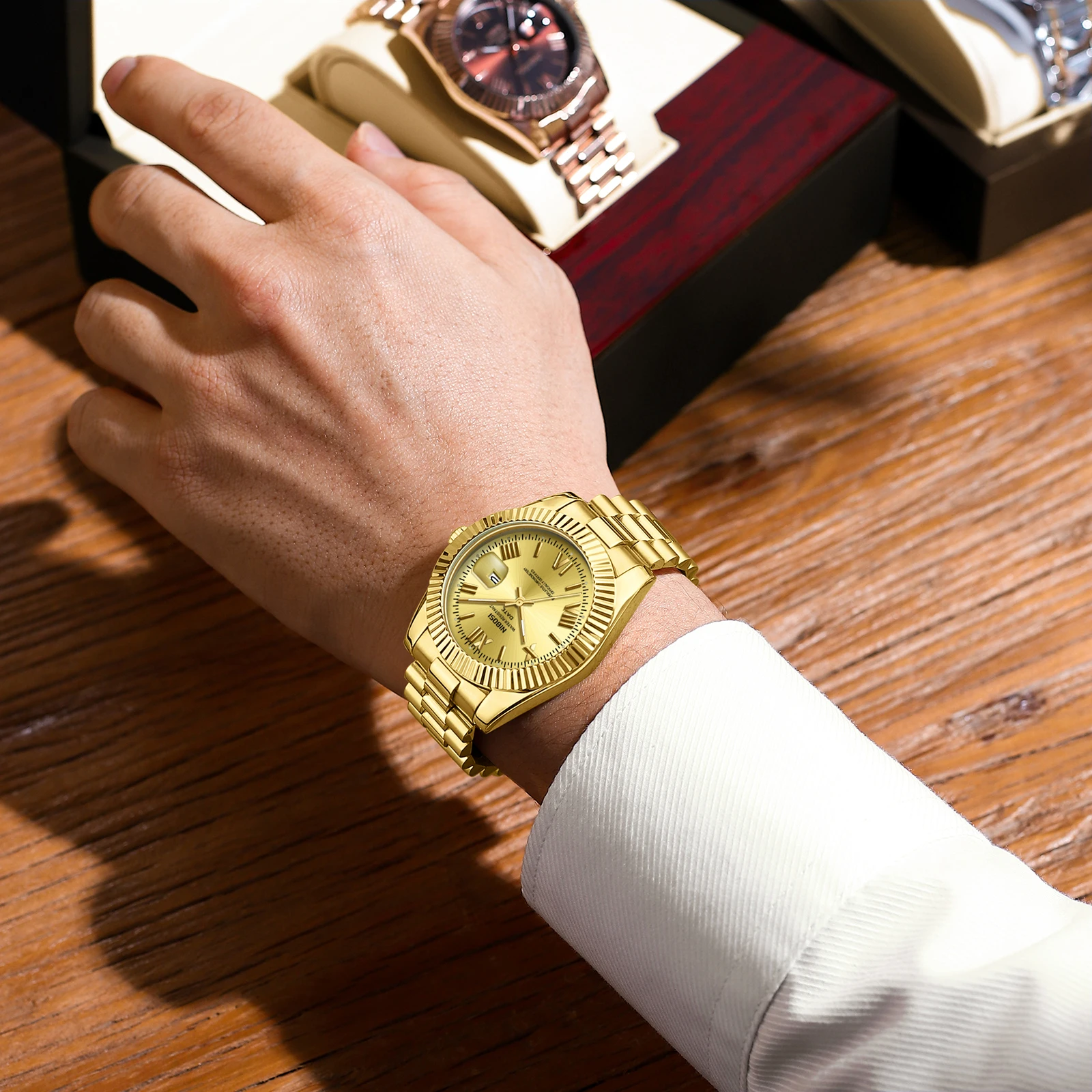 NIBOSI ساعات ذهبية فاخرة للرجال العلامة التجارية الأعلى الكلاسيكية دور كوارتز ساعة رجالية مضيئة مقاوم للماء تاريخ فستان ساعة الأعمال الرجال