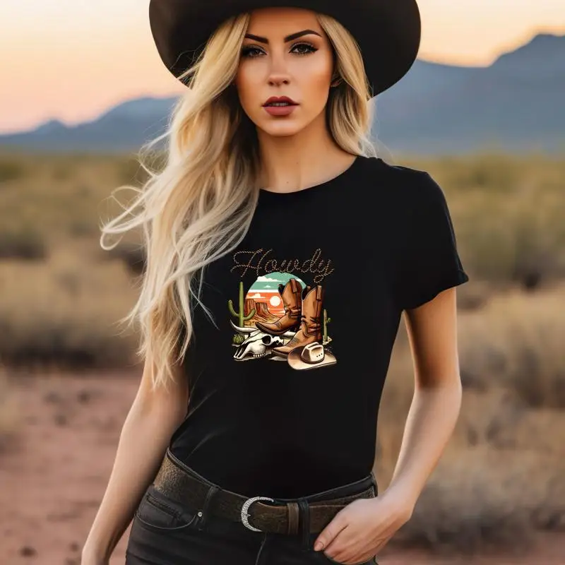 

Футболка Howdy Western для женщин, винтажный забавный наряд в стиле кантри, ковбойский вид