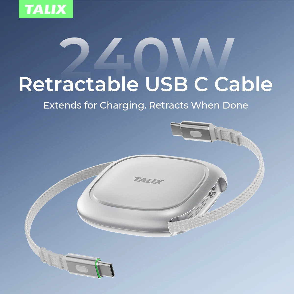 TALIX USB C to USB C Cable 240W Retractable USB C Fast Charging Cable 1.2M Length Preset USB Type C Charger Cord for iPhone17/16