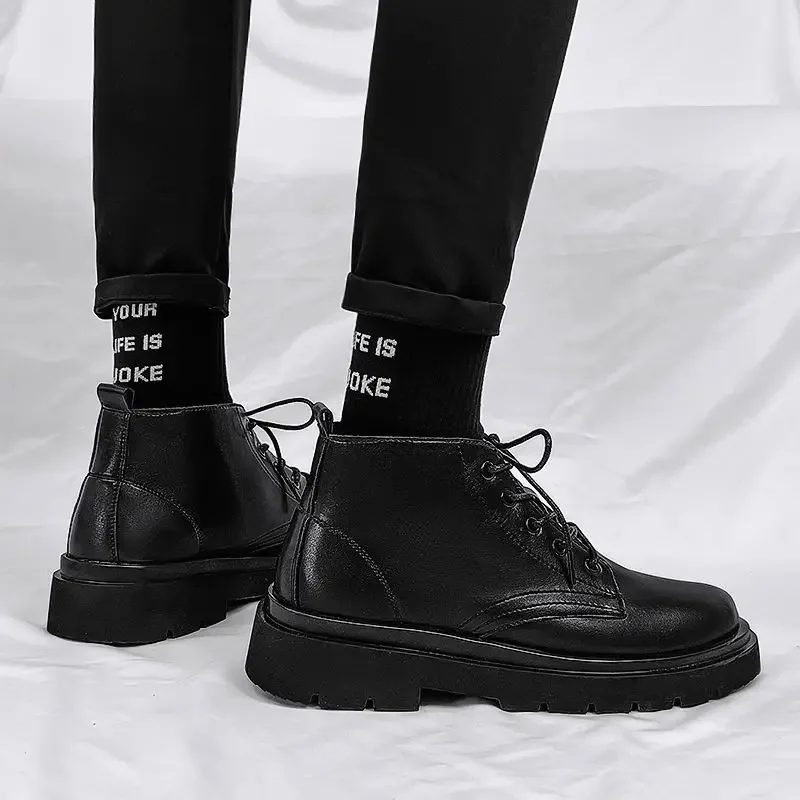 Leder Schwarz Männer High Top Lace Up Stiefel Herbst Britischen Motorrad Ins Hong Kong Paar Anti Slip Höhe Erhöhen Arbeitskleidung Schuhe