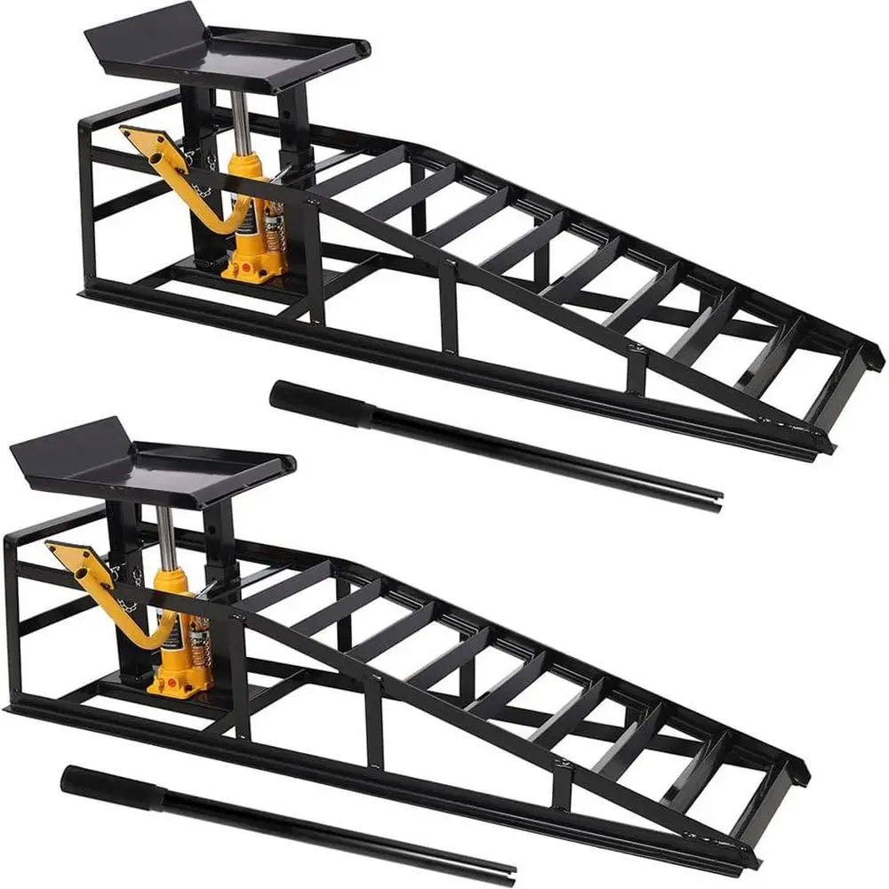 

Pair of 5-Ton Heavy Duty Low Profile Hydraulic Car Ramps with Pedal and Portable Jack, Black