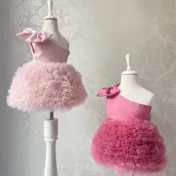 Vestido de baile rosa para niña de las flores, vestidos de fiesta de cumpleaños de un hombro para niños, lazos escalonados con volantes, vestidos de primera comunión para niños