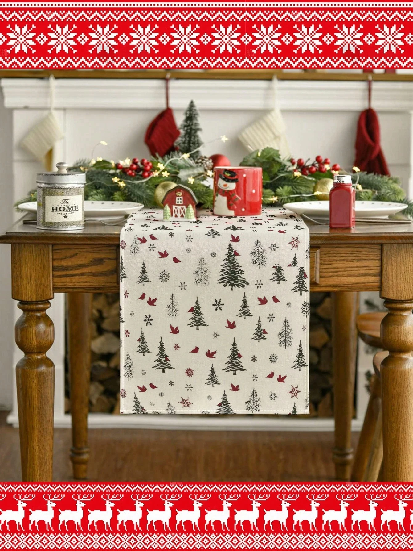 Christmas Tree Bird Snowflake Polyester Table Runner 2D Flat Print Rustic Home Decor Dining Table Decoration Vintage Charming
