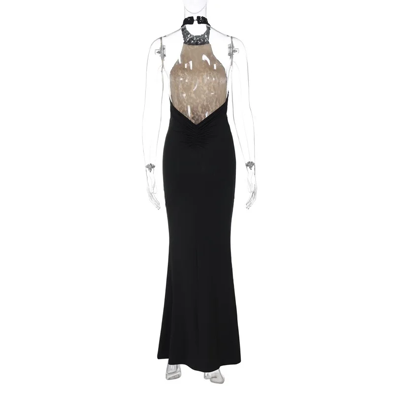 Y2k Fashion Lace Halter Backless Sexy Maxi Dress For Women Black Off-Shoulder Strapless Sleeveless Bodycon Club Party Long Dress