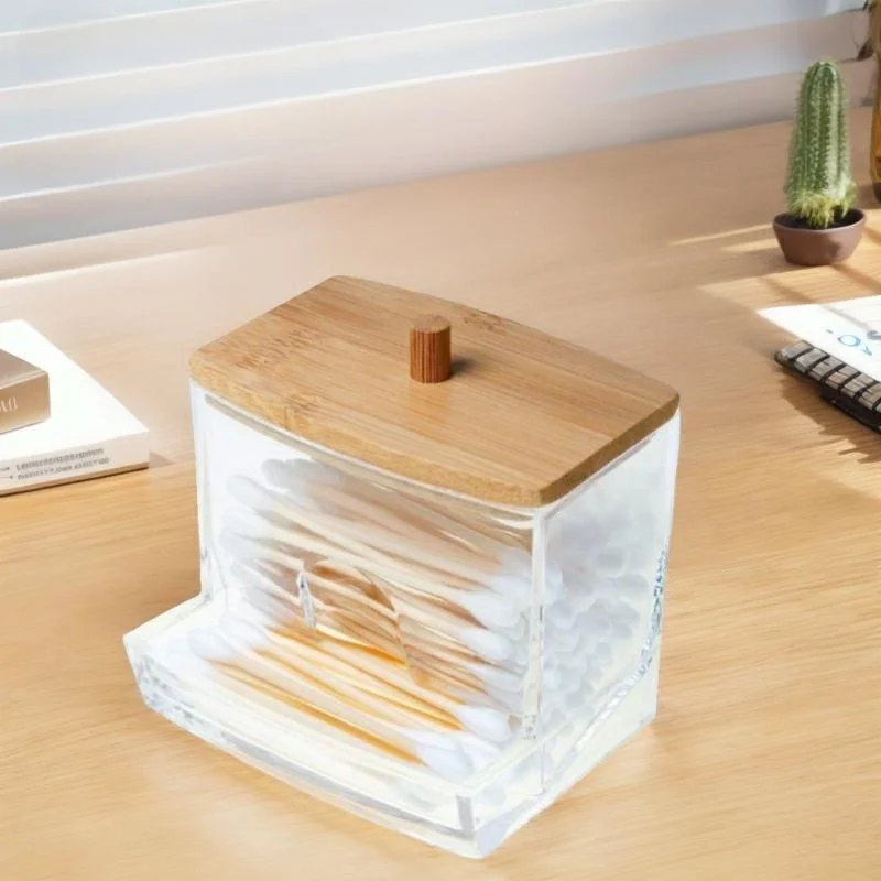 1/6 pcs Bamboo Lid Cotton Swab Storage Box, Automatic Dispensing Transparent Shockproof Plastic Cotton Swab Organizer