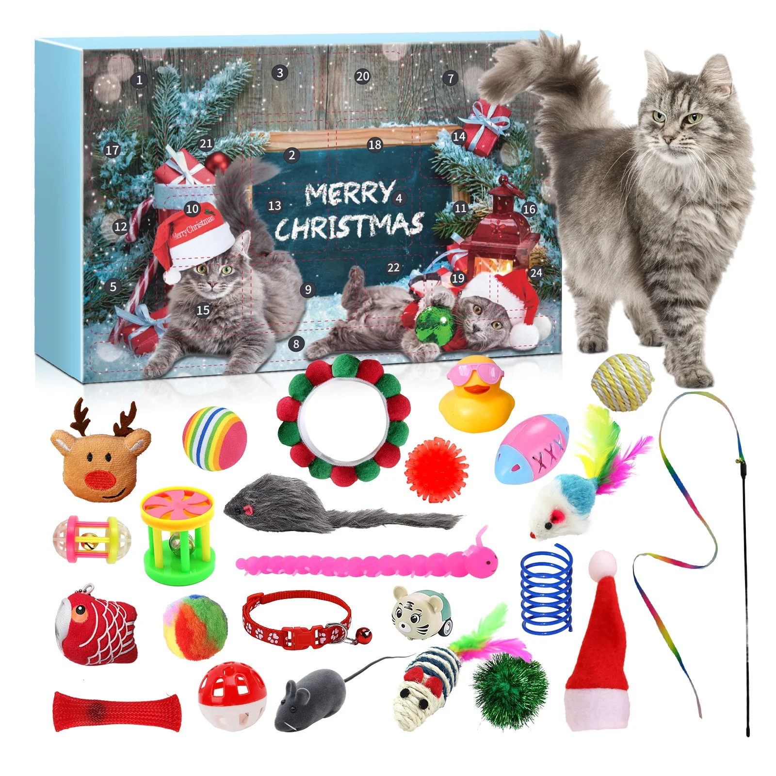 Cat Advent Calendar 2025 Christmas Interactive Toys for Indoor Christmas Gifts Fake Mouse Bell Balls for Cat Lover Gifts