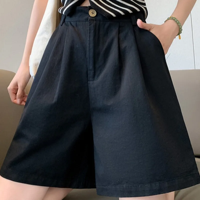 Beige American-style Suit Shorts for Women 2026 Summer Thin Pure Cotton Loose Slim-fit Women's Wide-leg Knee-length Pants