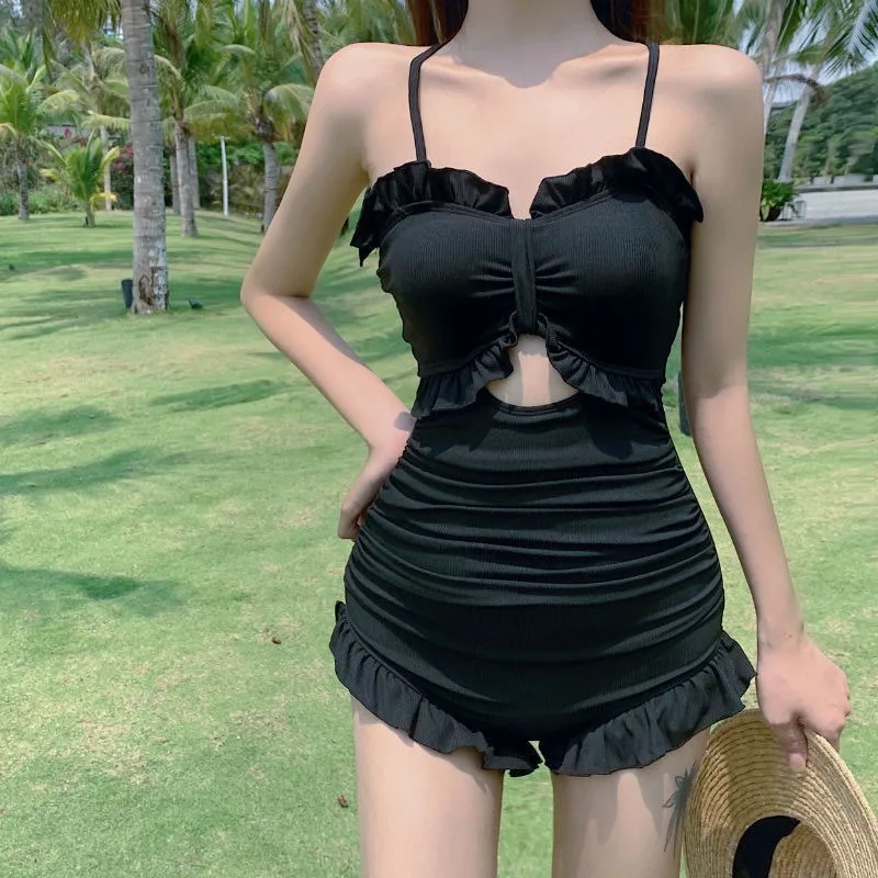 Sexy Sexy Ruffles Pleated One Piece Swimsuit Women Beach Vacation Bikinis New All Season Solid Backless One Piece Swimsuit