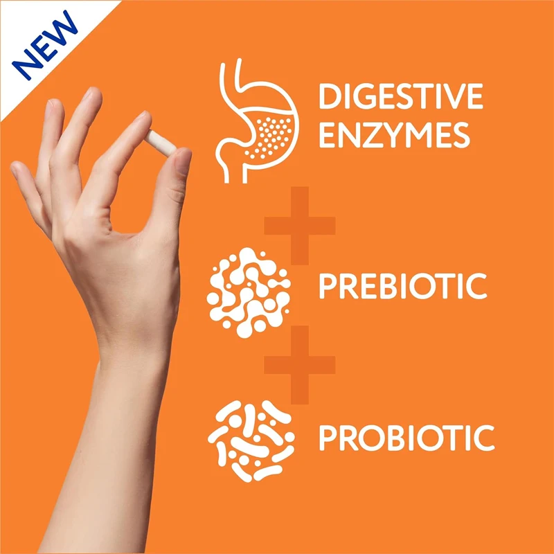 Digestive enzymes containing probiotics and prebiotics promote intestinal health and gas relief, non GMO