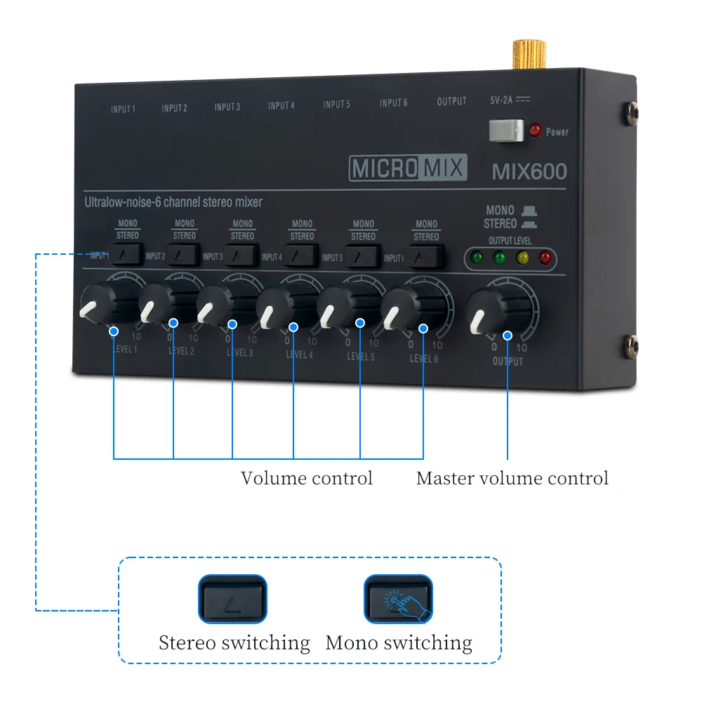 4 6 Channels Audio Stereo Mixer Ultra Low Noise Portable Sound Mixer Mini Line Stereo Mixer for Electric Guitar Studio Live PC