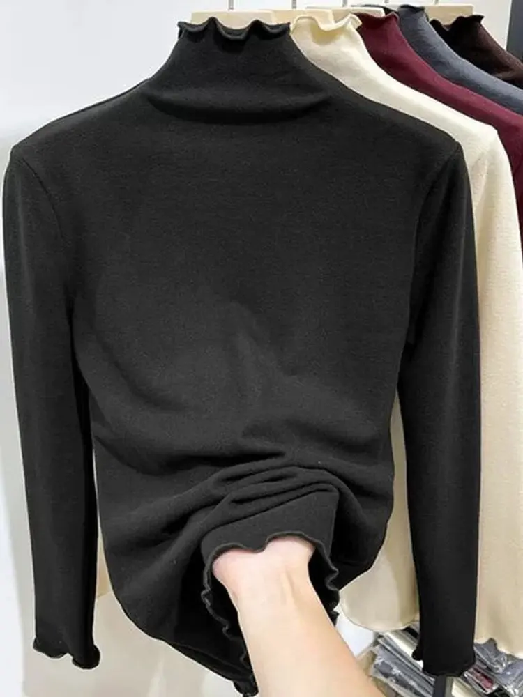 American Style Long Sleeve T-Shirt Double Sided Velvet Brushed Fleece Half High Collar Base Layer Shirt Inner Wear Autumn Win...