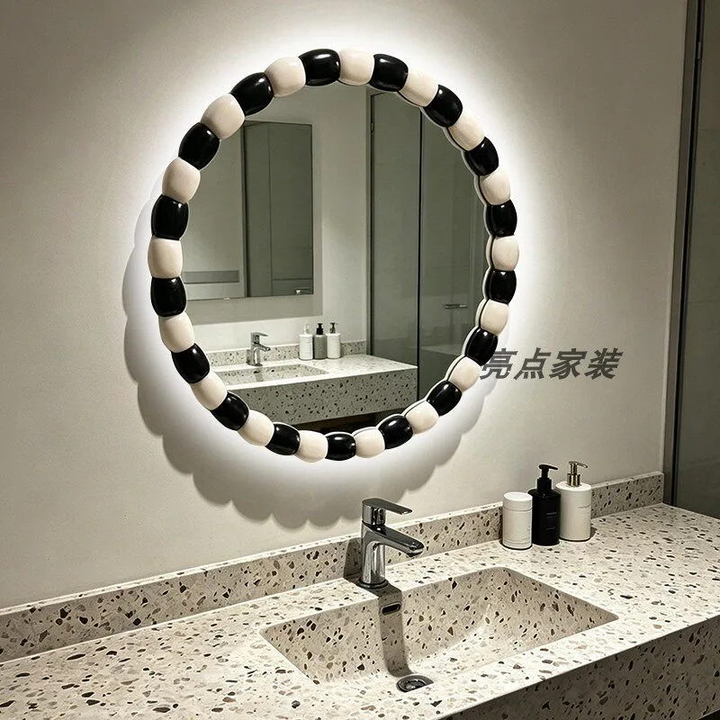 Black and white grid mirror, Scandinavian design cosmetic mirror, round bathroom mirror