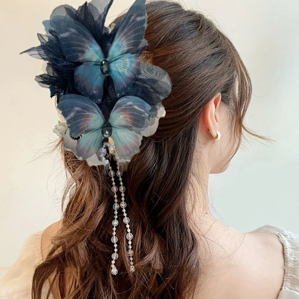 Elegant Butterfly Tassel Hair Claw Clips Large Size Beads Moonlight Tulle Shark Clips Black Blue Plastic Ancient Style Hairgrips