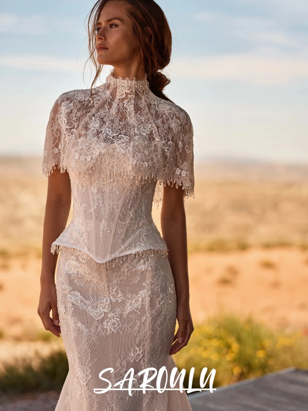 Delicate Beaded Lace Wedding Dress With Removable Cape Crystal Tassel Fringe Gorgeous Mermaid Corset Bridal Gown Customized