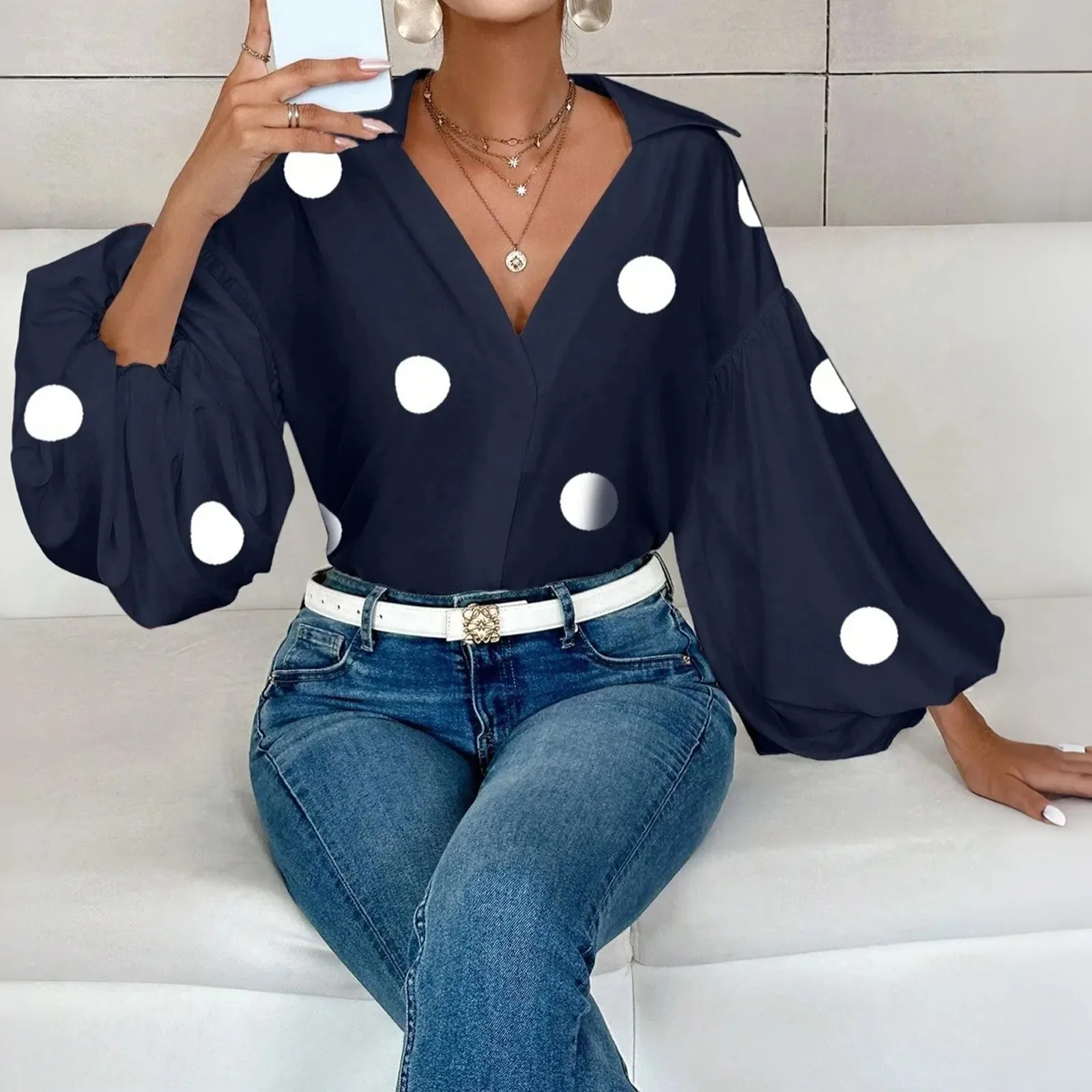 

Большие французские топы в горошек с полуоткрытым воротником для женщин, рубашки, свободные топы с длинными рукавами и пузырьками, офисная женская элитная одежда