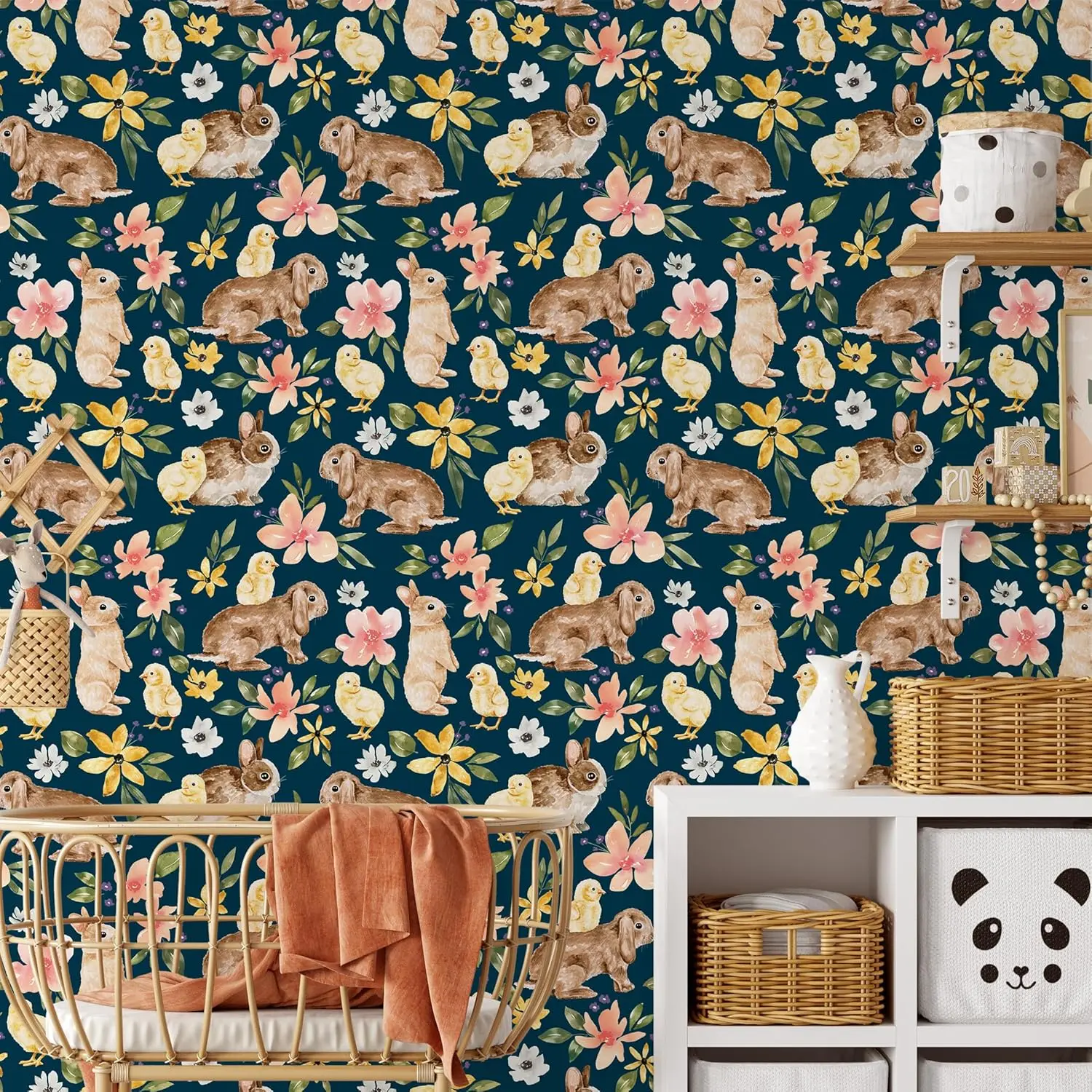 Bunny Chick Peel and Stick Wallpaper Animal Rabbit Floral Self Adhesive Wallpaper Removable Contact Paper for Home Wall Decor